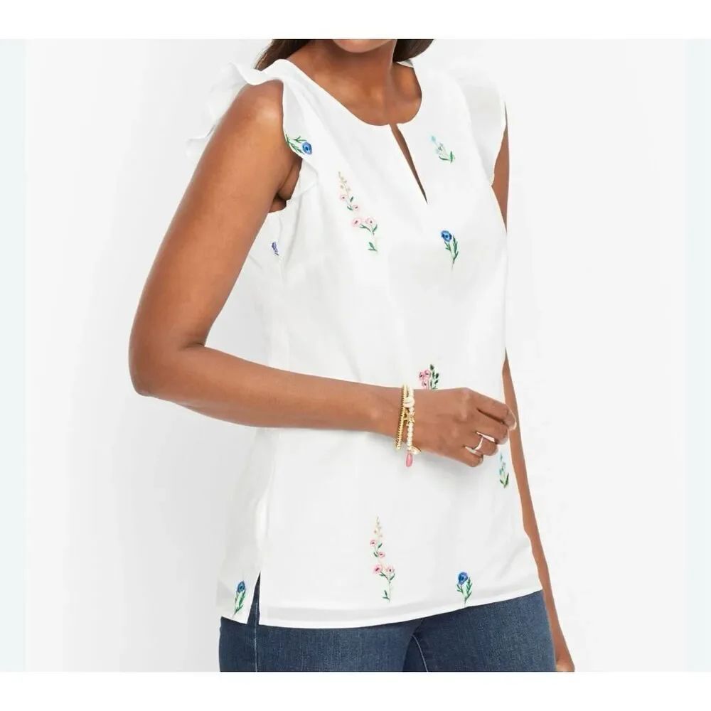 Talbots wildflower embroidered split neck white tank xs